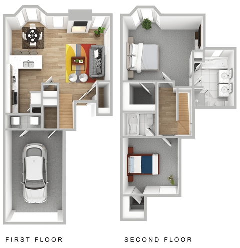 a stylized floor plan of a house with a car in the second floor